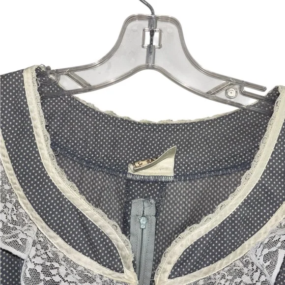 Gunne Sax Gold Tag Vintage 70s Grey White Polka Dot Lace Up  Prairie Dress 13 - Picture 7 of 8